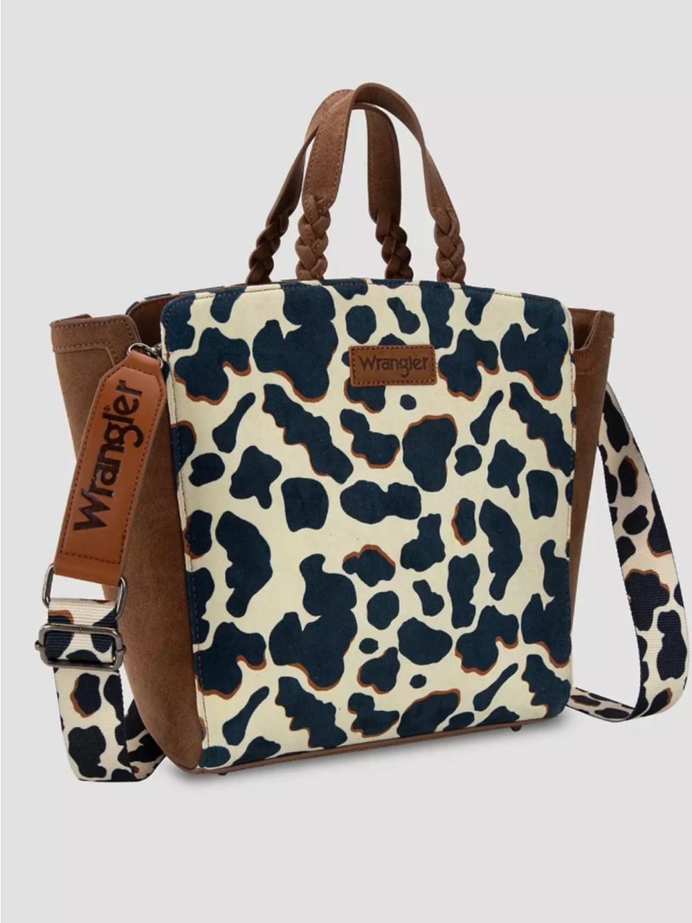 Wrangler Navy and Brown Cow Print Tote Bag